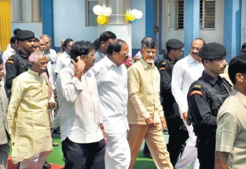 Andhra Pradesh Chief Minister N. Chandrababu Naidu, Central Ministers Bandaru Dattatreya, M. Venkaiah Naidu and others coming out after inaugurating the OP services at VIMS in Visakhapatnam on Monday. —PHOTO: C.V. SUBRAHMANYAM 